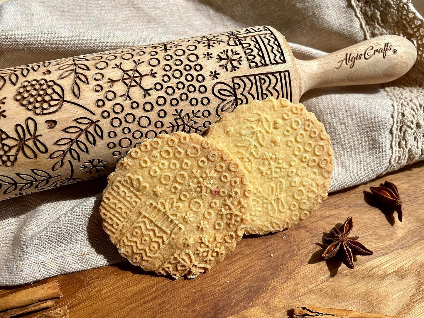 CHRISTMAS PRINTS Embossing Rolling Pin. Laser Engraved Dough Roller for Embossing Homemade Christmas Cookies by Algis Crafts