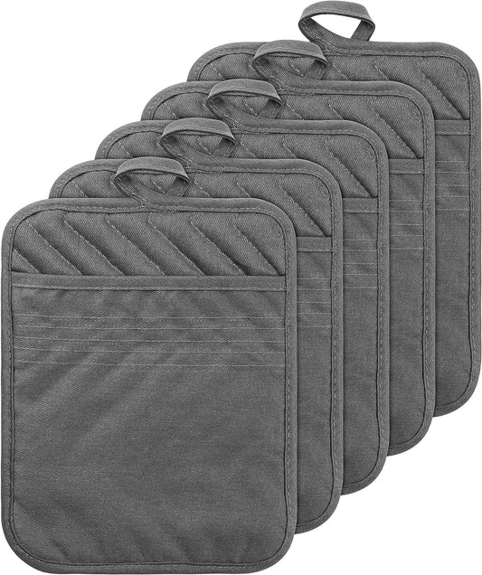 GROBRO7 5Pack Pocket Pot Holders Cotton Heat Resistant Potholder Multipurpose Hot Pads Machine Washable Oven Mitts Cooking Pads Bulk for Daily Kitchen Baking and Cooking 8.9 x 6.9 Inch Grey