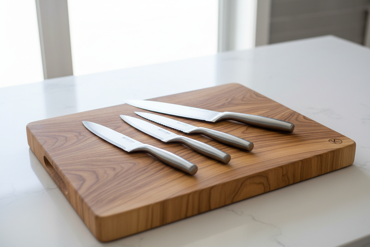 set of knives and a cutting board